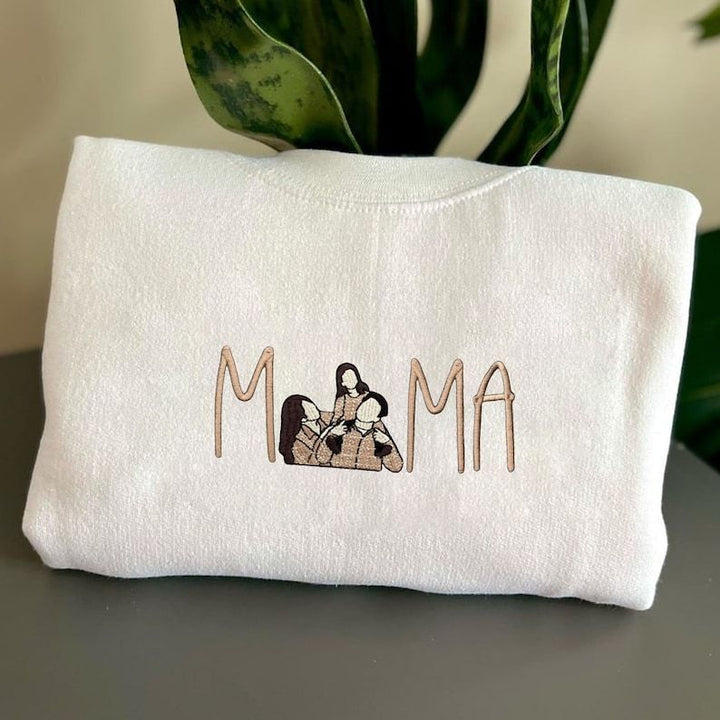 Dames sweatshirt met geborduurd portret, ideaal Moederdag cadeau. Gepersonaliseerd en uniek, comfortabele dameskleding.