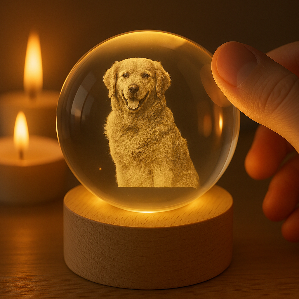 Gepersonaliseerde glazen herinneringsbal met LED-licht voor huisdier, troost bij verlies. Uniek huisdier gedenk cadeau.