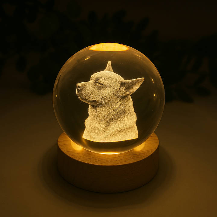 Schitterende glazen herinneringsbal voor huisdieren, met LED-verlichting en gravure. Liefdevol eerbetoon en decoratie.