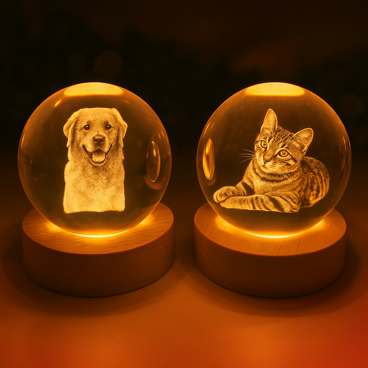 Gepersonaliseerde glazen bol met gravure als huisdier gedenksteen. Warm LED-licht voor dierbare herinneringen aan je huisdier.