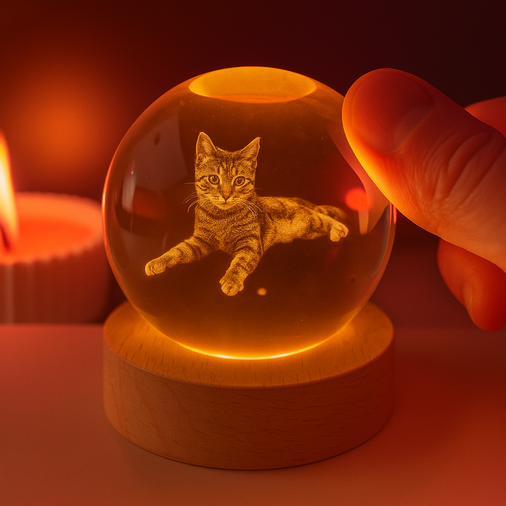 Sfeervolle herinneringsbal met licht, gepersonaliseerd voor overleden huisdier. Een troostrijk cadeau bij verlies van dierbaar huisdier.
