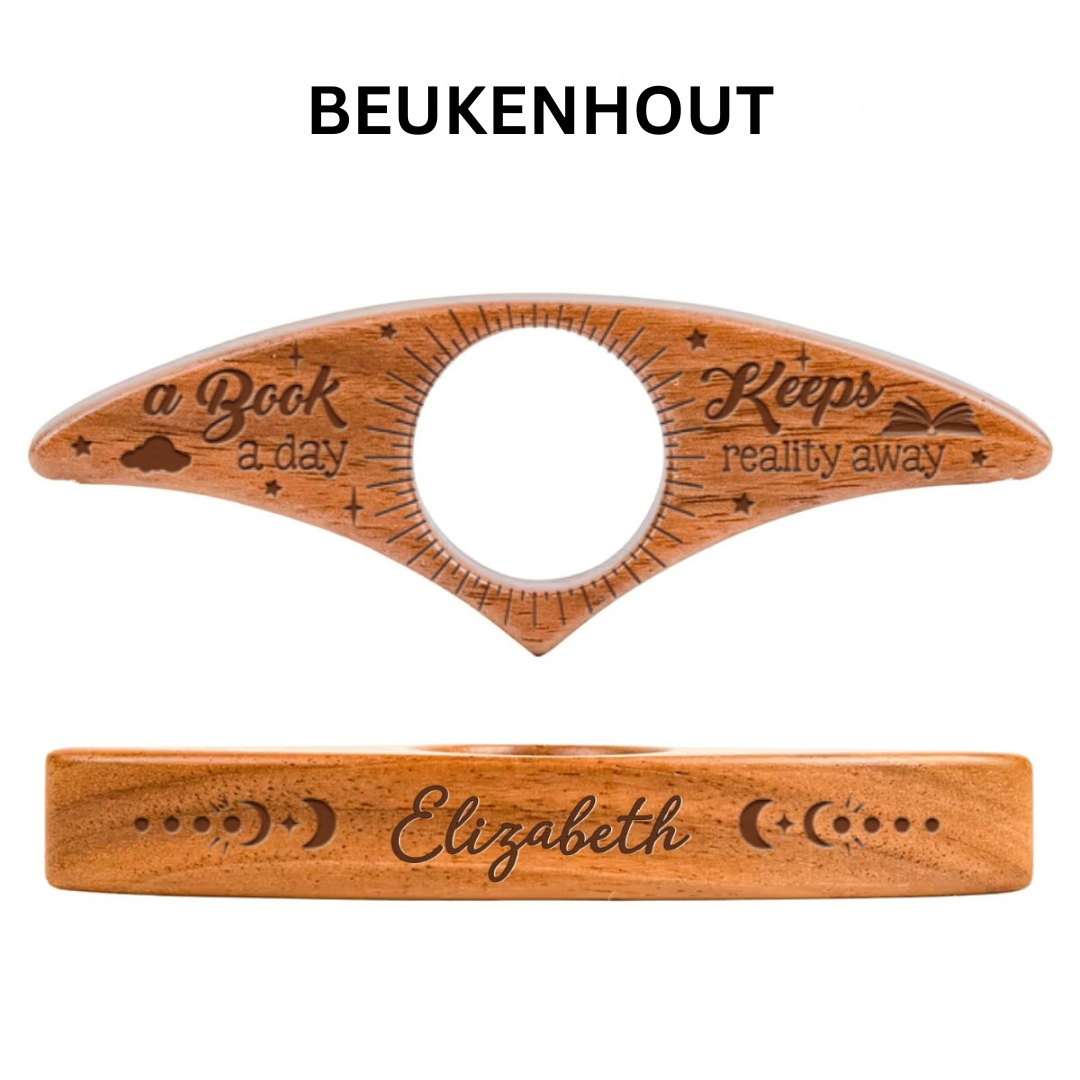 Houten boekenhouder met gravure, het perfecte gepersonaliseerde cadeau voor fervente lezers.