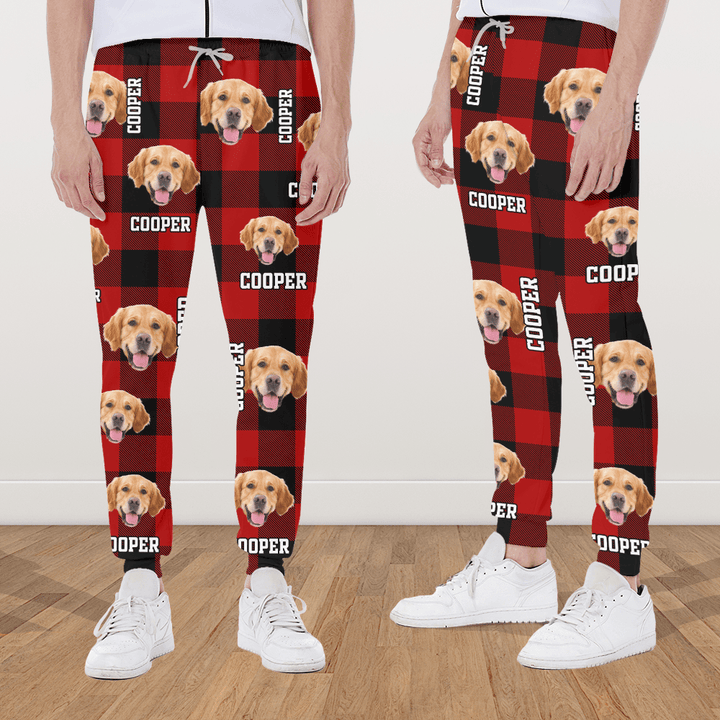 Zachte gepersonaliseerde sweatpants met huisdierfoto, ideaal voor vrije tijd en ontspanning. Perfect voor dierenliefhebbers.