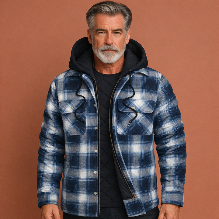 Geruite heren overgangsjas met capuchon voor herfst/winter. Comfortabel, casual mode jack.