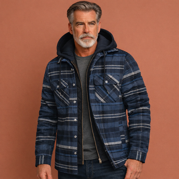 Stijlvolle geruite heren overgangsjas met capuchon. Casual mode jack, comfortabel voor herfst.