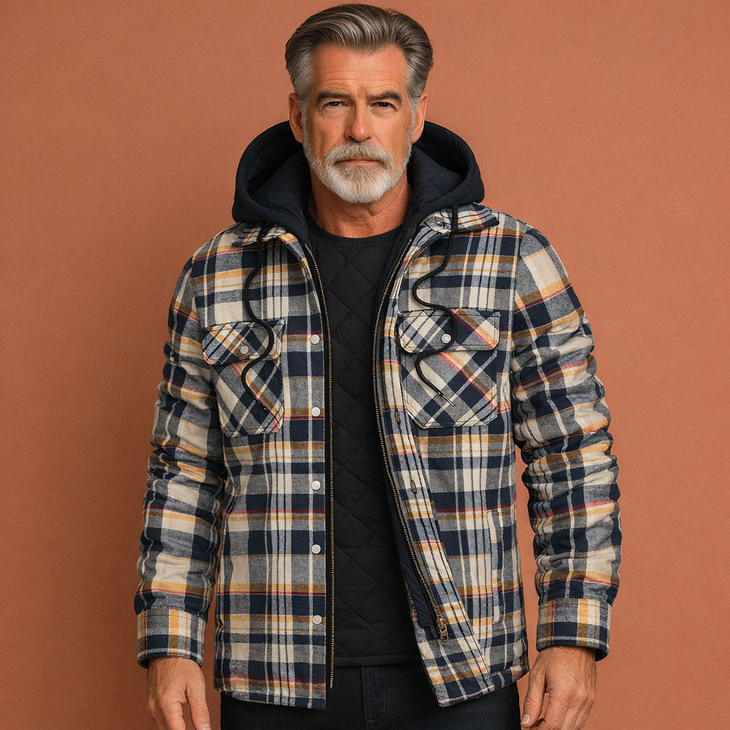 Geruite heren overgangsjas met capuchon. Casual winterjack, comfortabel voor buitenkleding.