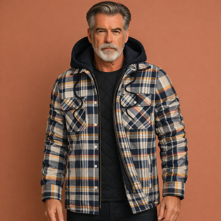 Geruite heren overgangsjas met capuchon. Casual winterjack, comfortabel voor buitenkleding.