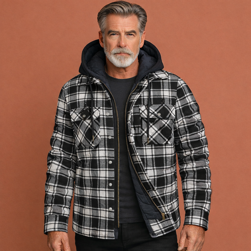 Trendy geruite overgangsjas heren met warme capuchon. Functionele, comfortabele herfst/winter bovenkleding.