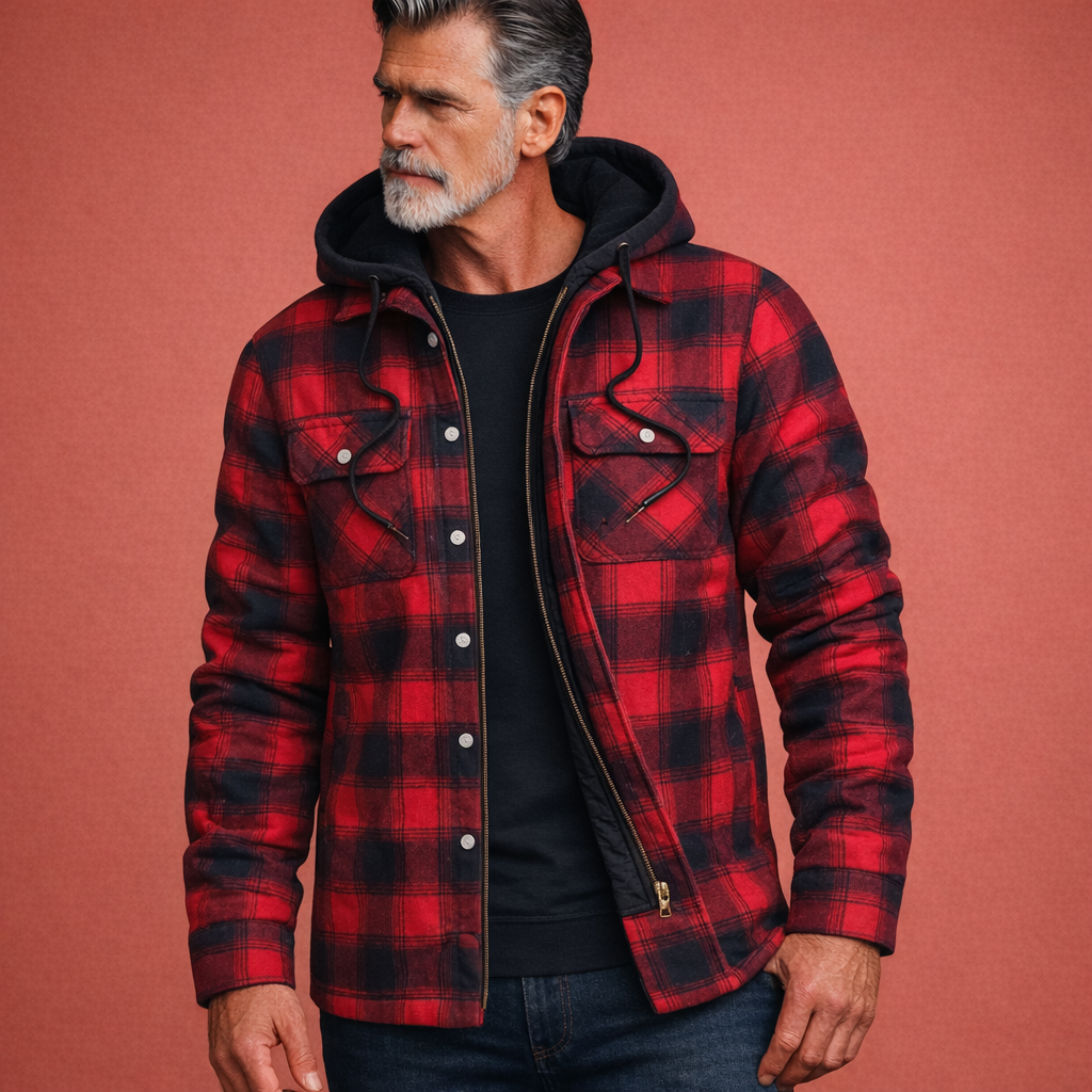 Comfortabele geruite heren overgangsjas met capuchon. Veelzijdig casual jack voor mode en herfst.