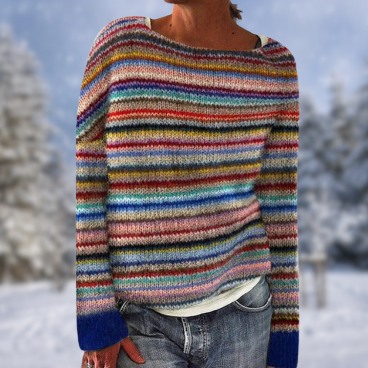 Gestreepte Teshia trui dames, marineblauw-wit-grijs, lange mouwen, ronde hals, modieus comfort.