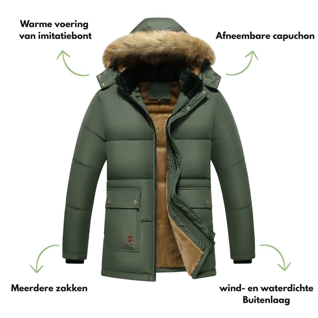 "Gevoerde heren winterparka, wind- en waterdicht met capuchon en zakken, ideaal voor koude stads- en buitenactiviteiten."