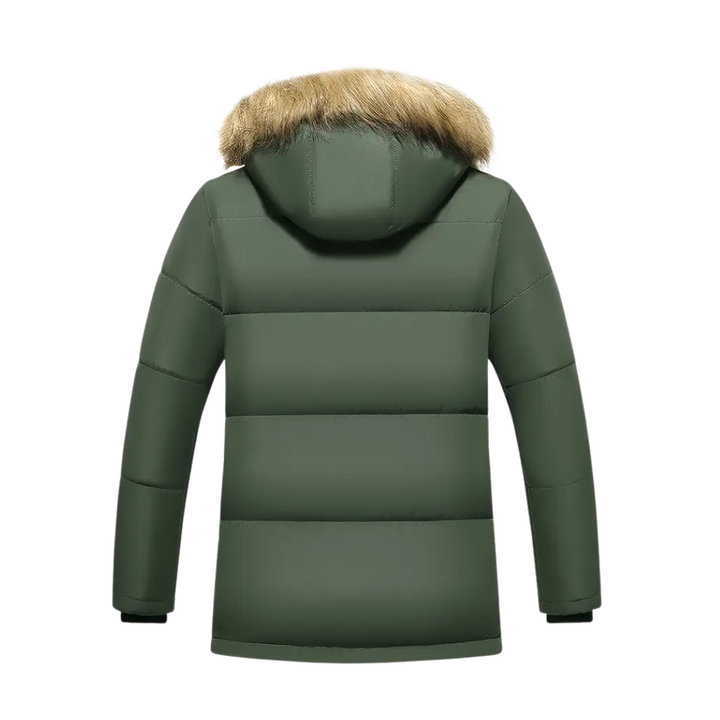 "Gevoerde heren winterparka, wind- en waterdicht met capuchon en zakken, ideaal voor koude stads- en buitenactiviteiten."