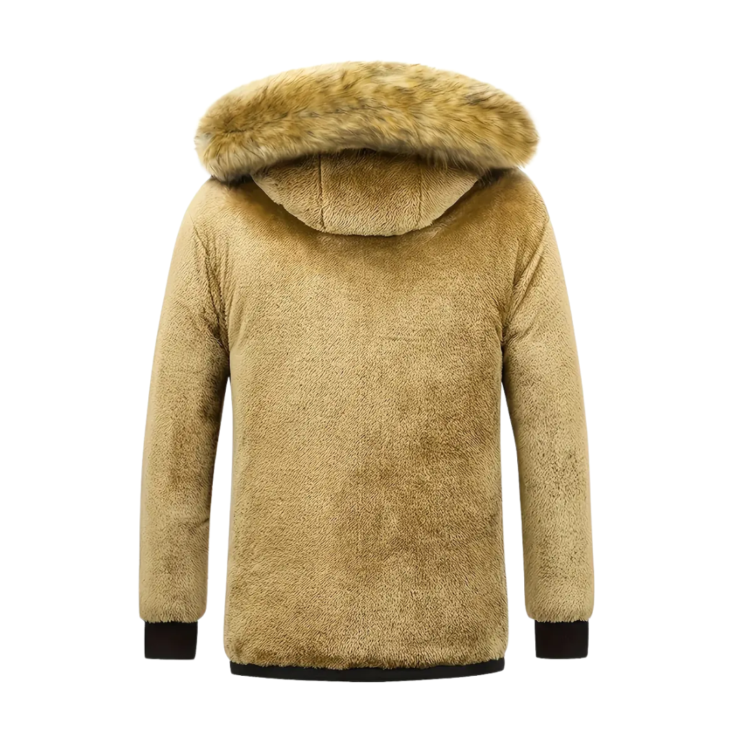 "Gevoerde heren winterparka, wind- en waterdicht met capuchon en zakken, ideaal voor koude stads- en buitenactiviteiten."