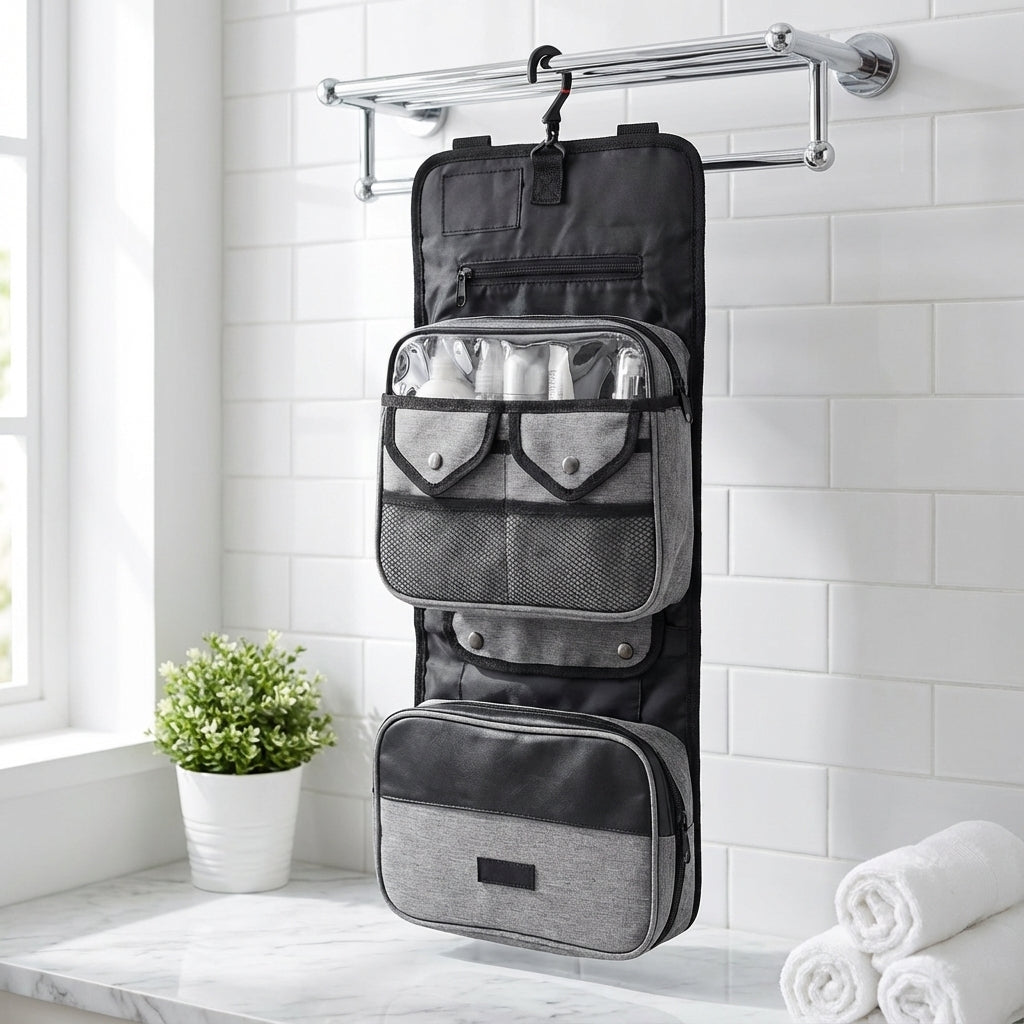 Gevouwen hangtoilettas ToiletryMate voor reizen; waterafstotend, compacte organizer voor verzorgingsproducten.