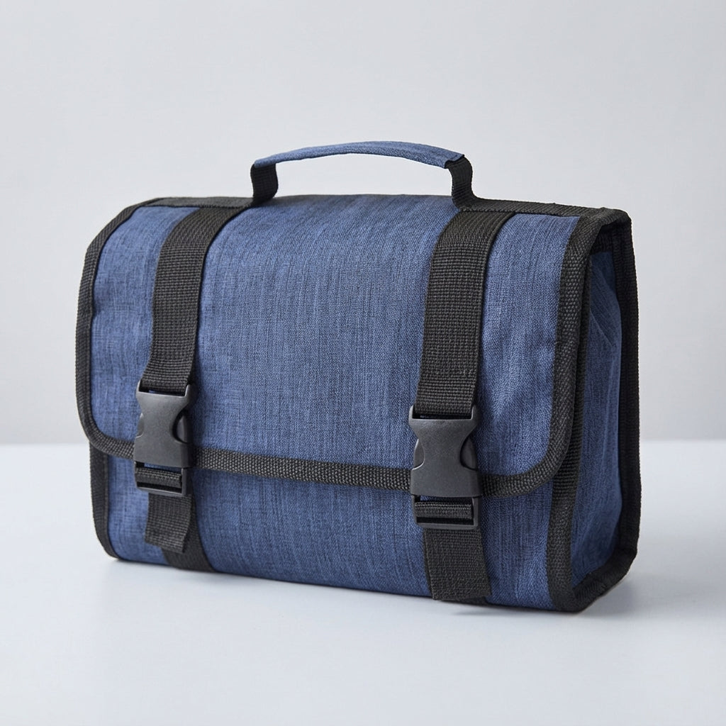 Opengevouwen ToiletryMate hangtoilettas met diverse vakken; perfecte reis organizer voor toiletartikelen.