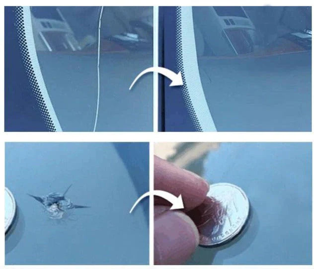 Inhoud glas reparatie kit: hars, applicator en schraper voor effectieve voorruit barst reparatie.