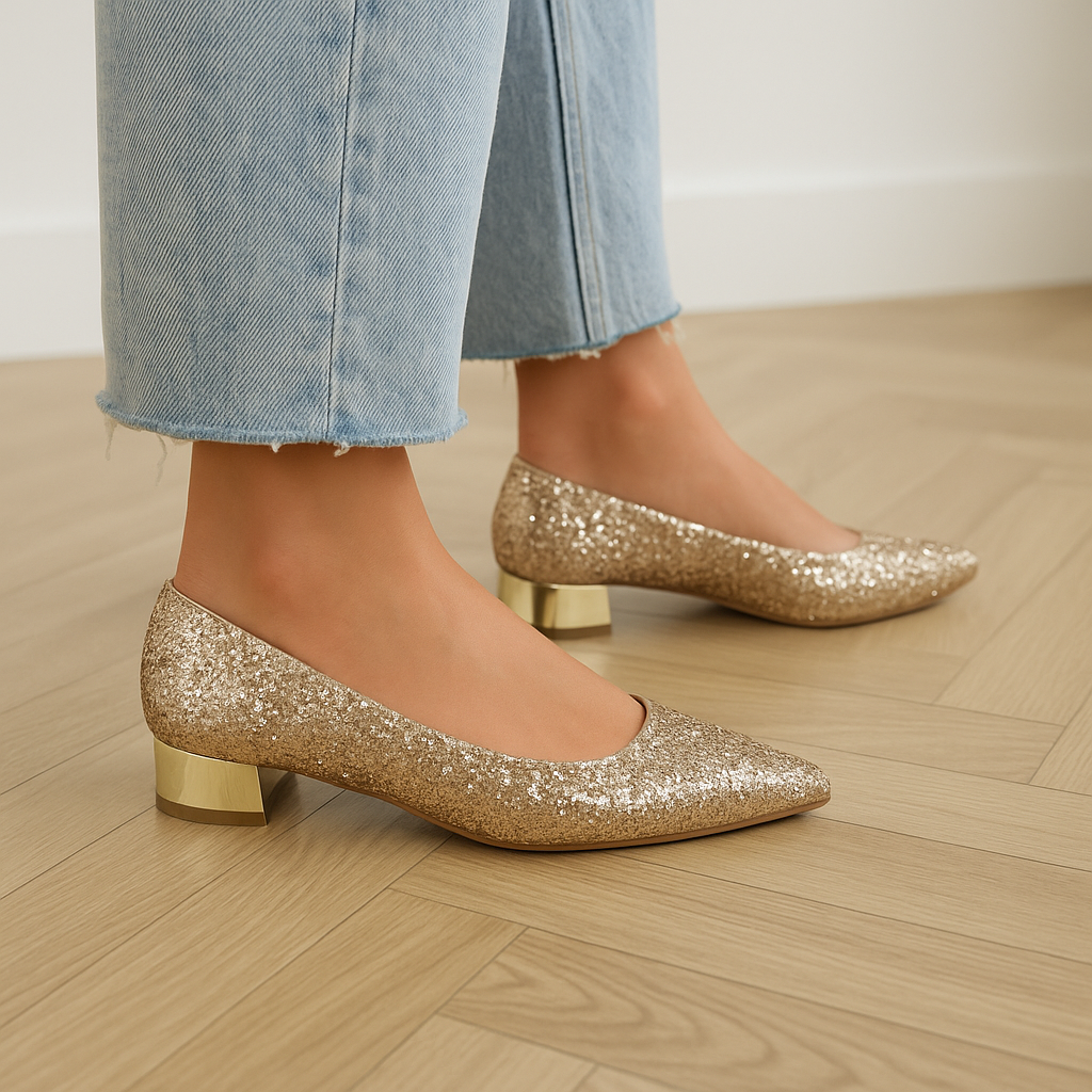 "Goudkleurige glitterballerina's met puntneus, elegant ontwerp voor dames, stijlvolle flats voor elke gelegenheid."
