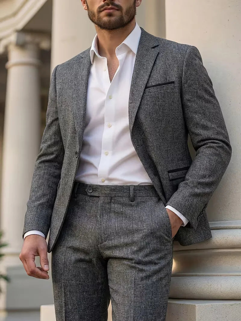 Grijs slim fit herenpak met lange mouwen, ideaal voor zakelijke gelegenheden, bruiloften en formele feesten.
