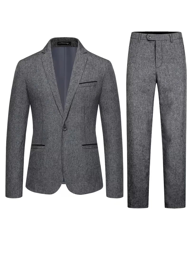 Modieus slimfit herenpak in grijs, bestaande uit colbert en pantalon, perfect voor kantoor en evenementen.