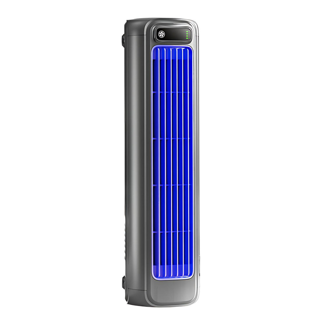 Grijze compacte draagbare AirWave airco met 12 uur batterij voor overal persoonlijke koeling, draadloos.