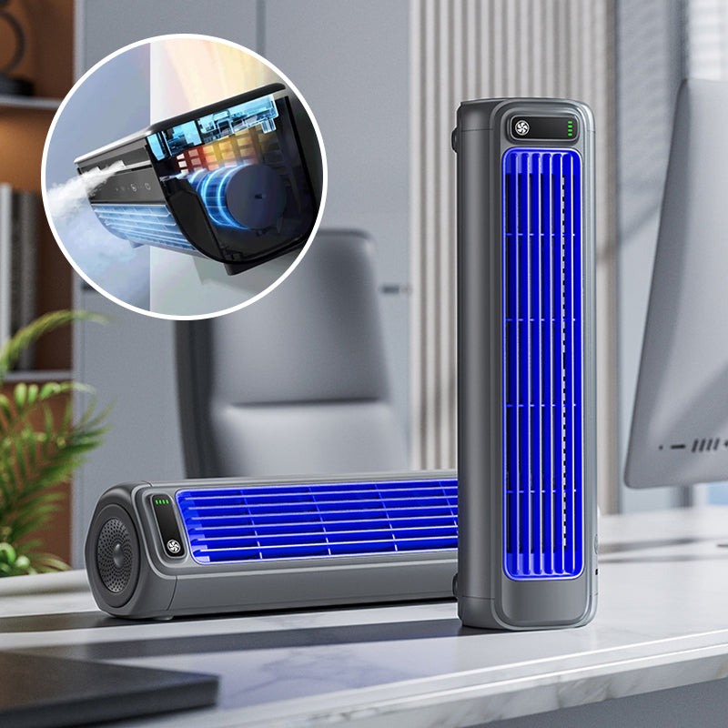 Compacte AirWave airco op nachtkastje, draadloos en stil voor comfortabele slaapkamer koeling.