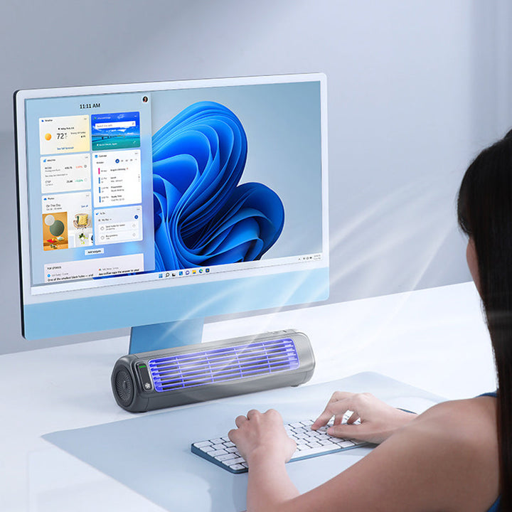 AirWave mini airconditioner, grijs, toont draadloze werking en 12 uur batterijduur voor langdurige koeling.