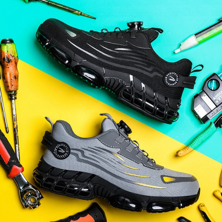 Comfortabele, sportieve heren werkschoenen in grijs en zwart, met bescherming en een snelle sluiting.