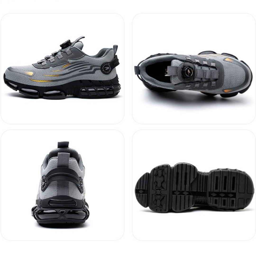Modern design van grijze heren veiligheidswerkschoenen, met een focus op comfort, antislip en gemak.