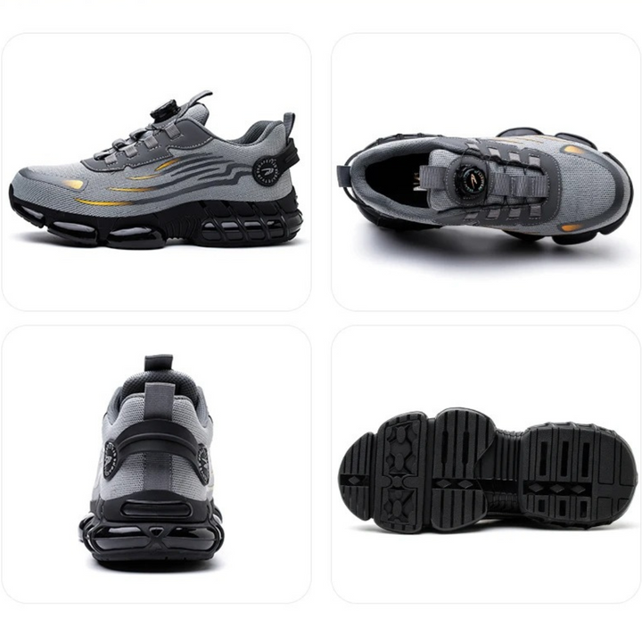 Modern design van grijze heren veiligheidswerkschoenen, met een focus op comfort, antislip en gemak.