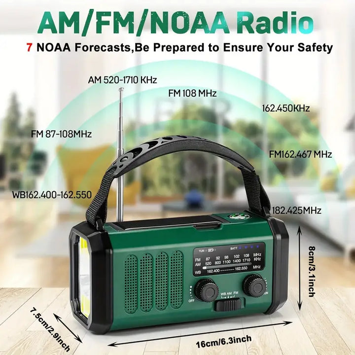 Grijze noodradio met zonnepaneel, handgreep en digitale display. Ideaal voor kamperen met 10.000mAh batterij.