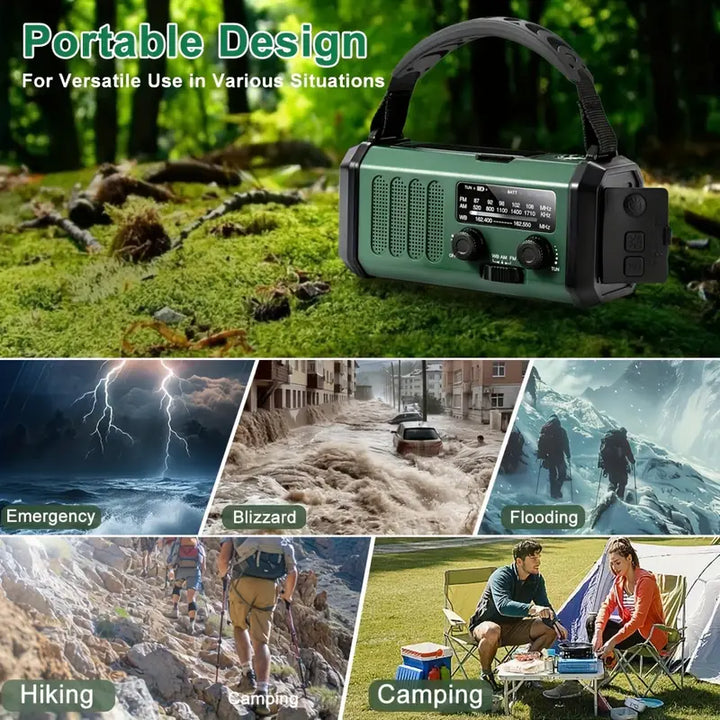 Grijze noodradio met zonnepaneel, handgreep en digitale display. Ideaal voor kamperen met 10.000mAh batterij.