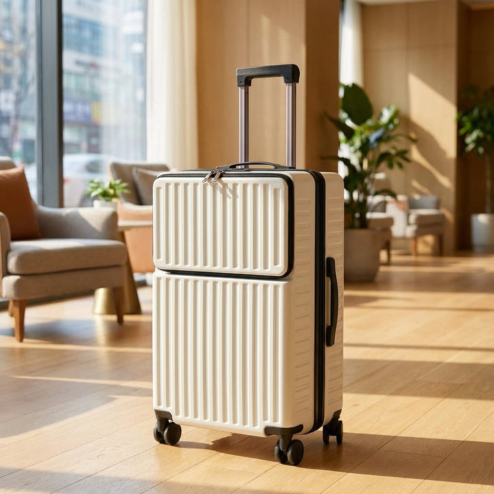 Grijze Travelift spinner koffer met handig voorvak, ideaal als lichtgewicht handbagage voor business & citytrips.