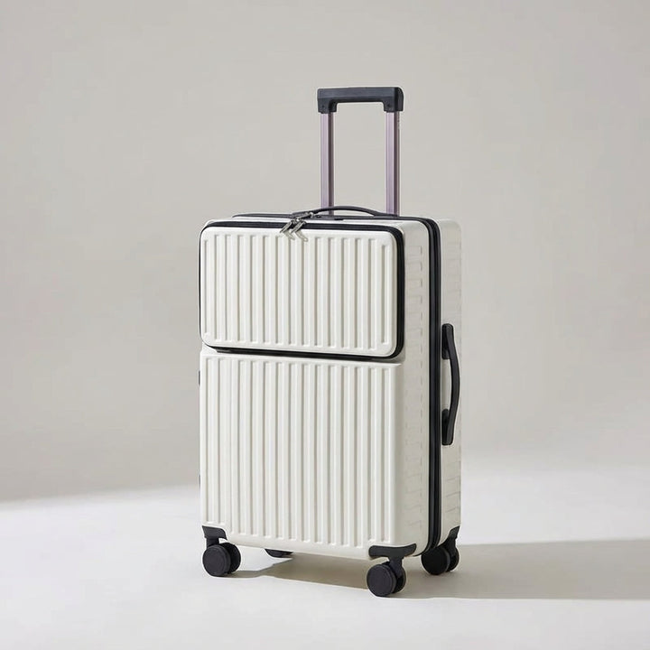 Zwarte Travelift spinner trolley met voorvak, perfecte handbagage voor zakelijke reizen of stedentrips.