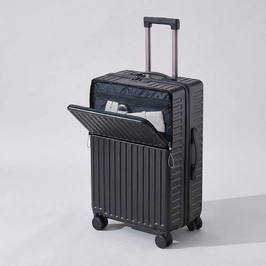 Compacte Travelift spinner koffer voor citytrips, lichtgewicht handbagage met voorvak voor makkelijk inpakken.