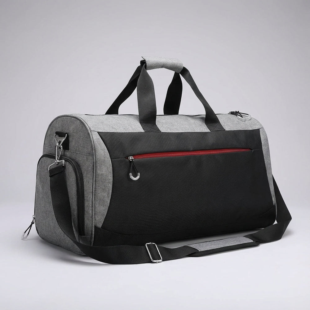 Compacte zwart-grijze TravelDry weekendtas/sporttas van 30 liter, waterdicht en met handig schoenenvak.