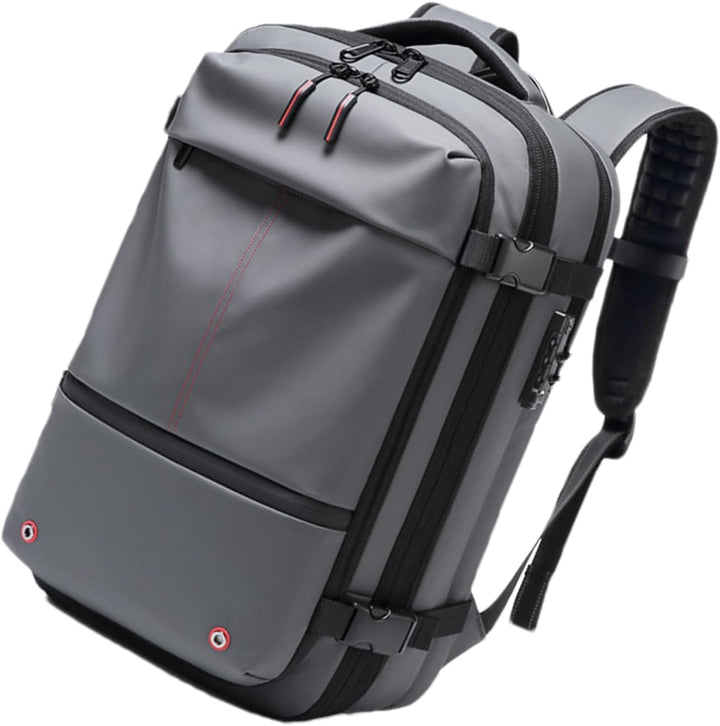 Grijze Trivora waterdichte rugzak, 60L uitbreidbaar, met laptopvak en compressie voor citytrips.