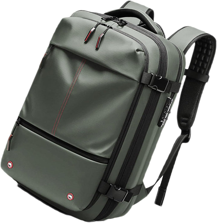 Legergroene 60L waterdichte rugzak, uitbreidbaar en veilig, perfect voor avontuurlijke kampeertochten.