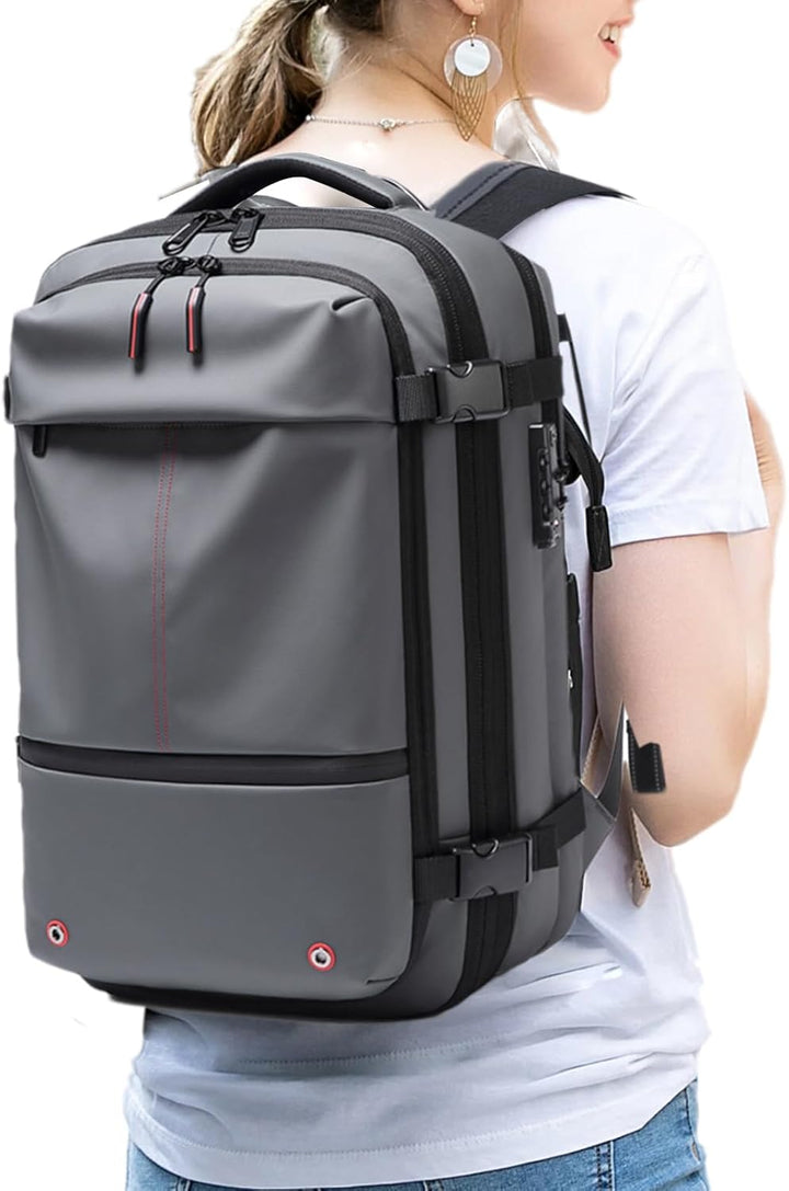 Grijze uitbreidbare reisrugzak, 60L, waterdicht, met slimme organisatie voor laptops en reisbenodigdheden.
