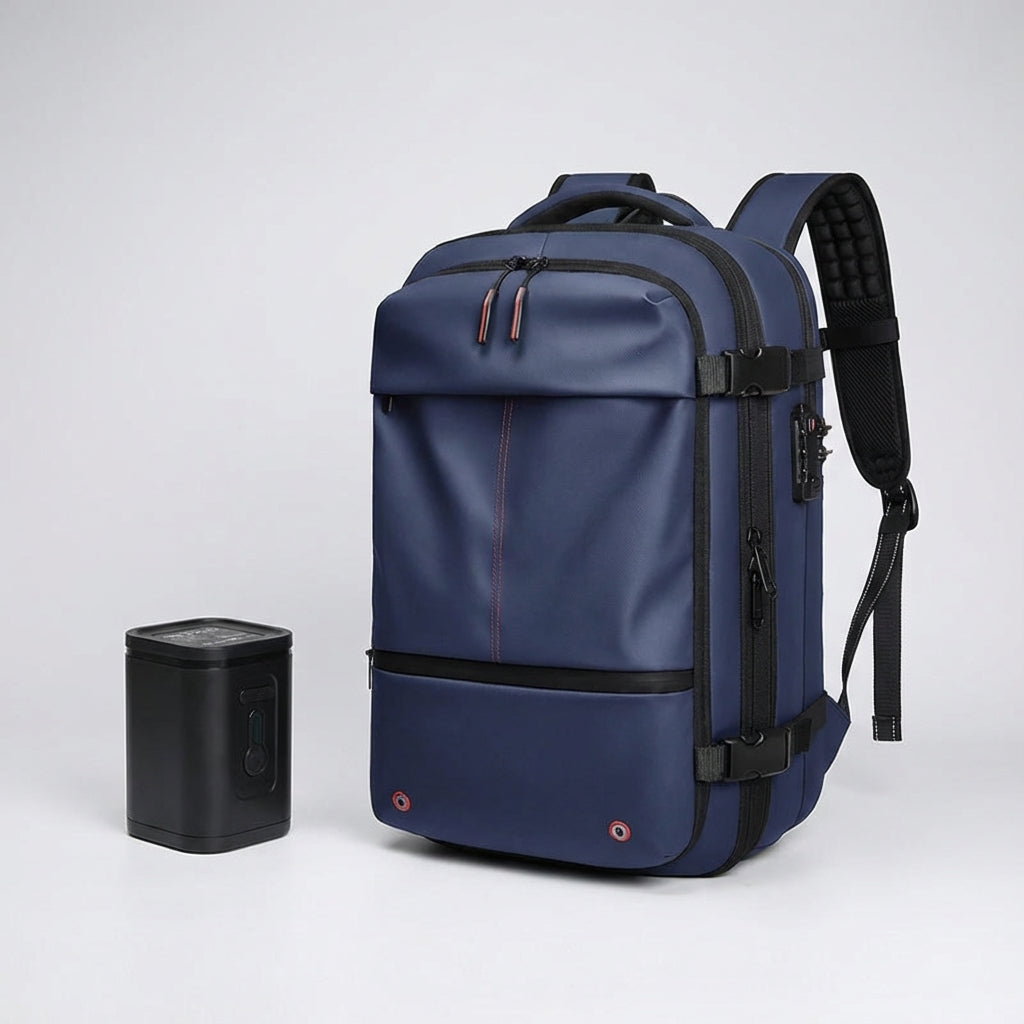 De TravelCompress waterdichte unisex reisrugzak, geoptimaliseerd met compressie voor compacte en veilige opslag.