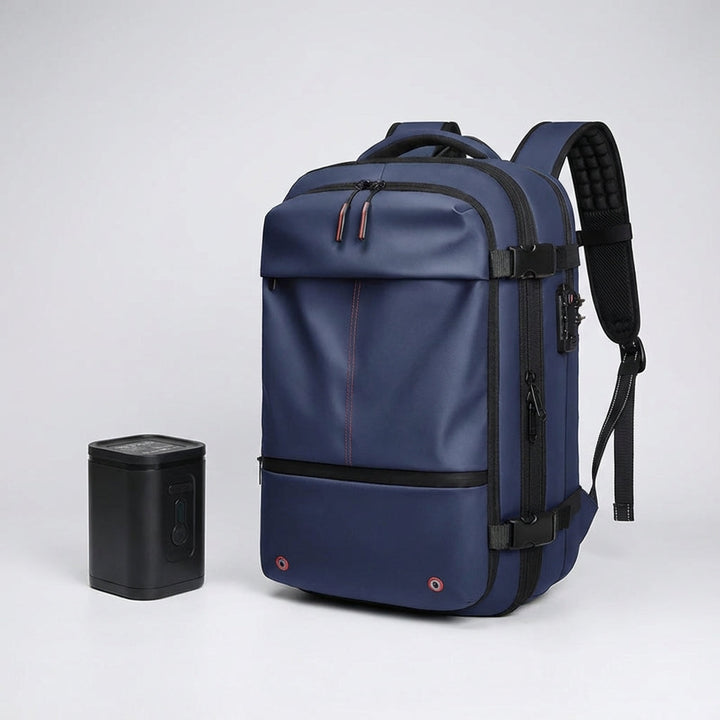De TravelCompress waterdichte unisex reisrugzak, geoptimaliseerd met compressie voor compacte en veilige opslag.