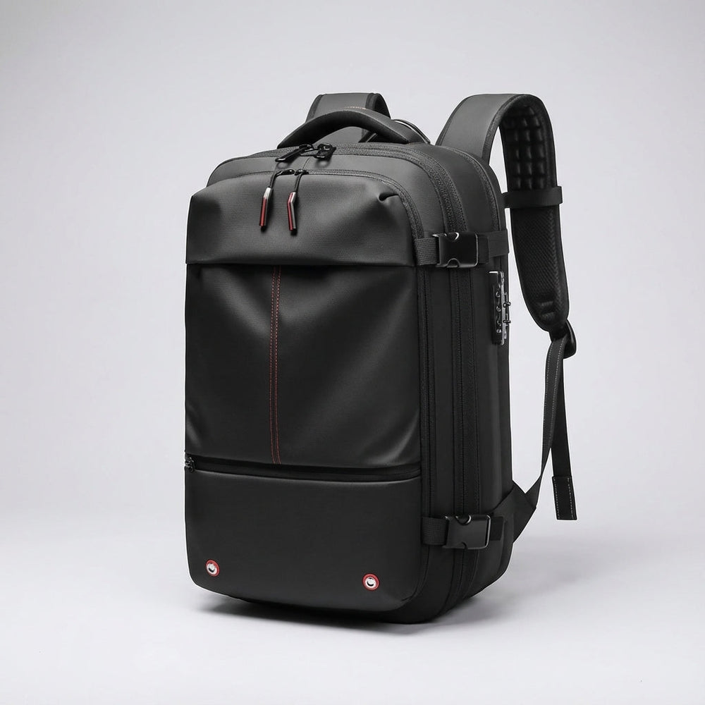 Waterdichte TravelCompress rugzak met compressiebanden voor compacte opslag, perfect voor georganiseerd reizen.