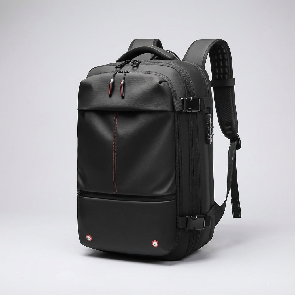 Waterdichte TravelCompress rugzak met compressiebanden voor compacte opslag, perfect voor georganiseerd reizen.