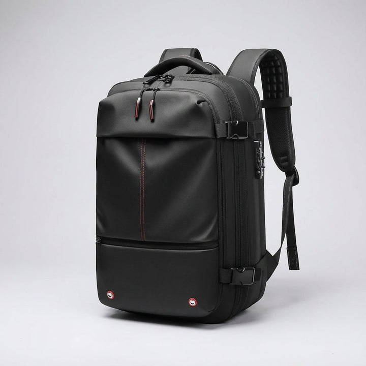 Waterdichte TravelCompress rugzak met compressiebanden voor compacte opslag, perfect voor georganiseerd reizen.
