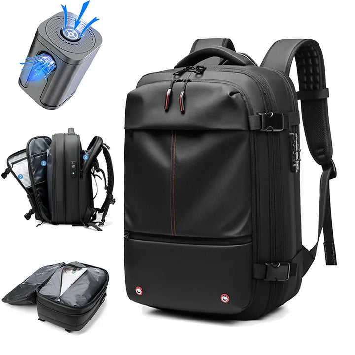 Reisrugzak met ruim hoofdcompartiment en laptopvak, waterdicht en met compressie voor efficiënt inpakken.