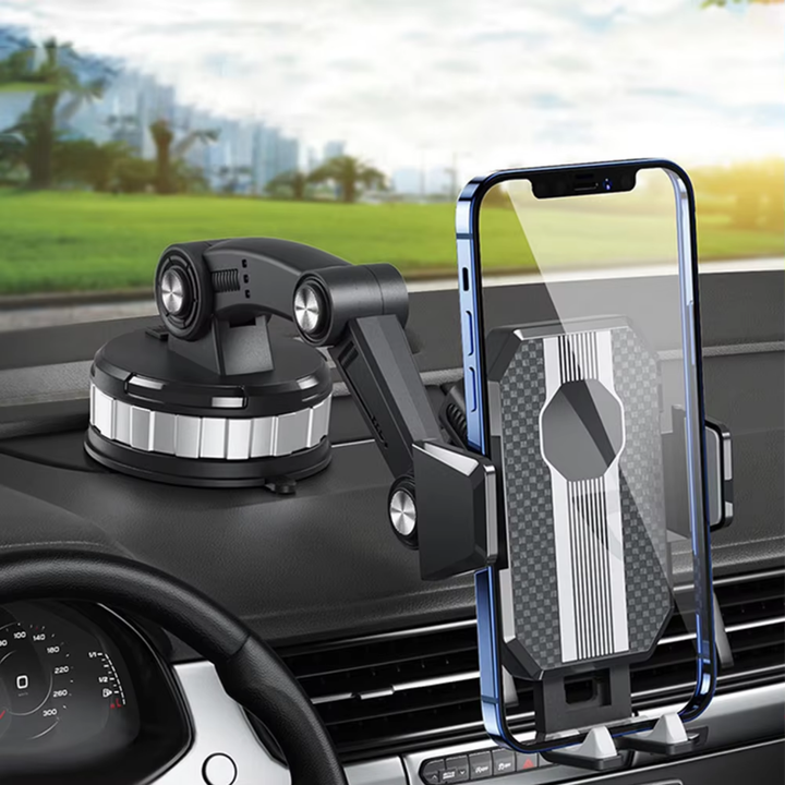 GripTech autohouder telefoon: Sterke zuignap, 360° draaibaar, handsfree navigatie voor smartphone op dashboard.