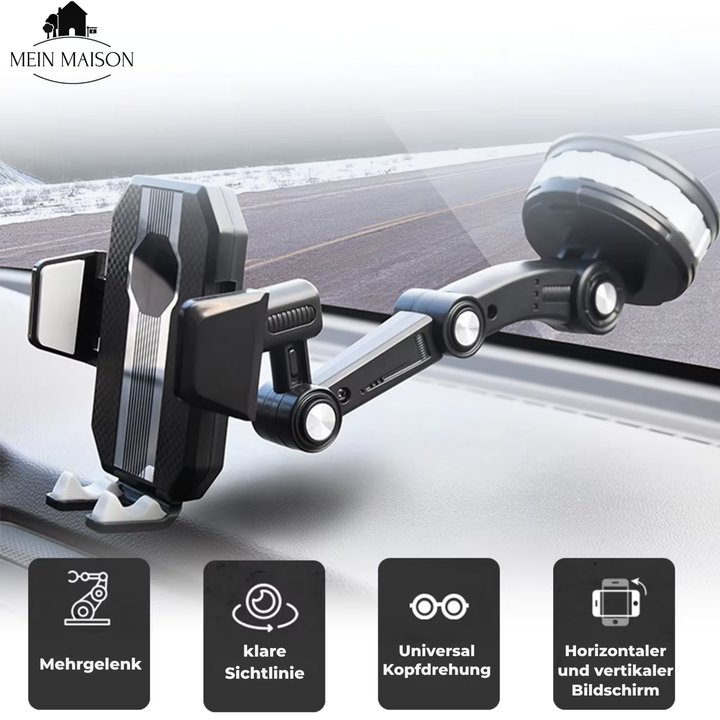 GripTech telefoonhouder: Veilige zuignapbevestiging op dashboard, 360° draaibaar voor handsfree smartphonegebruik in auto.