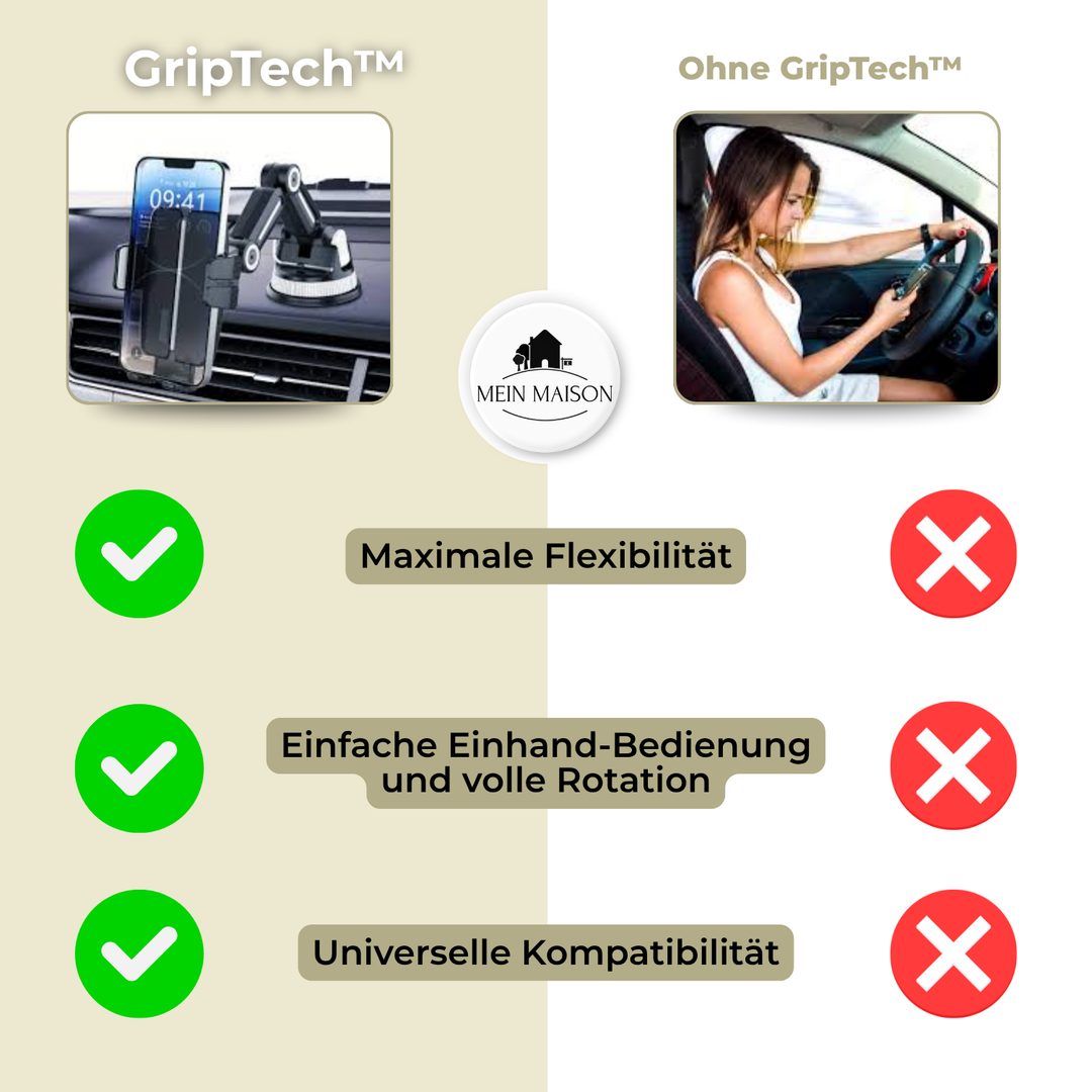 Handsfree navigatie: GripTech telefoon autohouder, sterke zuignap, 360° draaibaar, onmisbaar voor elke smartphonegebruiker.
