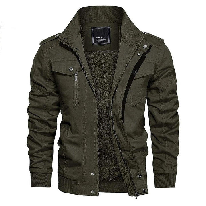 Detaillering van de duurzame stof van het heren bomberjack, perfect voor outdoor.