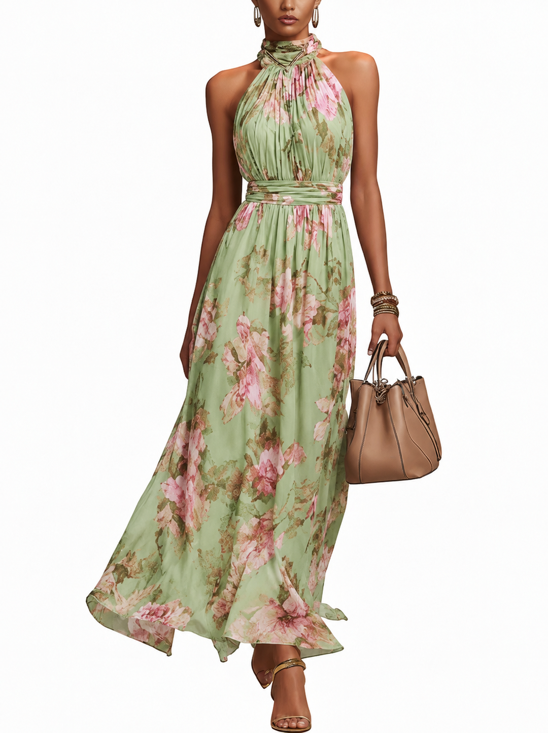 Groene dames maxi jurk met halternek en vrolijke bloemenprint, perfect voor zomerse dagen of als elegante feestjurk.