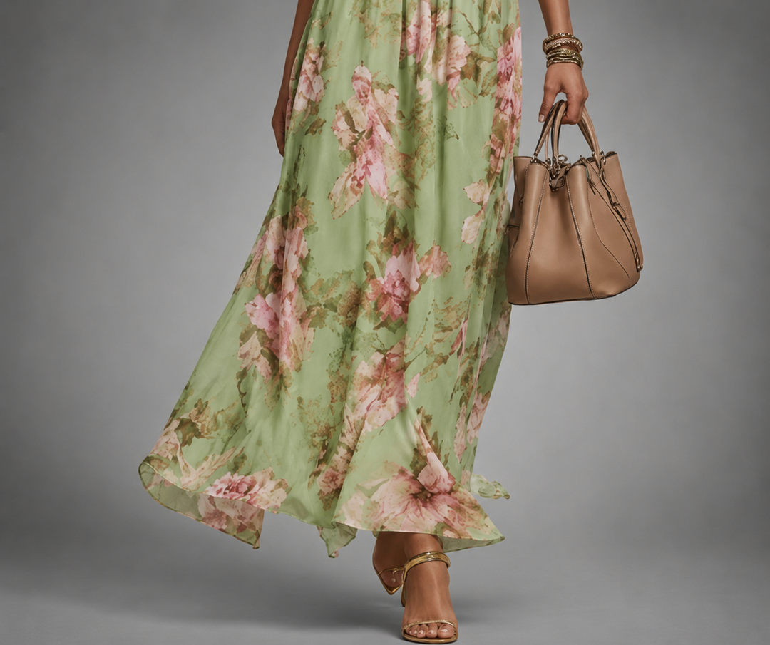 Stijlvolle A-lijn maxi jurk voor dames, mouwloos met chique halternek en kleurrijke bloemenprint, ideaal als bruiloftsgast.